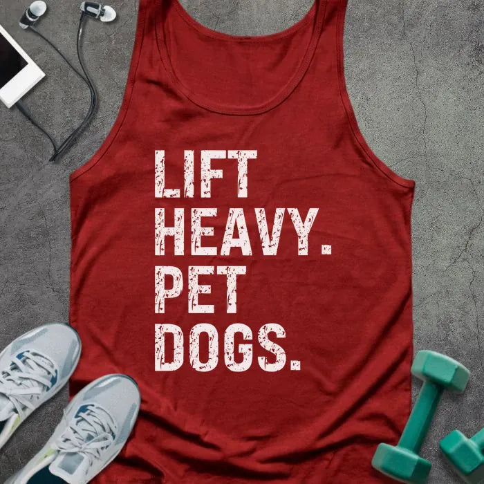 Red tank top printed with "Lift Heavy. Pet Dogs." in white