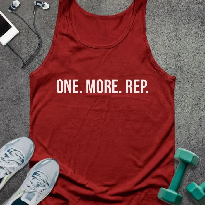 Red tank top printed with "One. More. Rep." in white