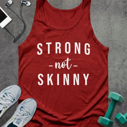 Red tank top printed with "STRONG -not- SKINNY" in white