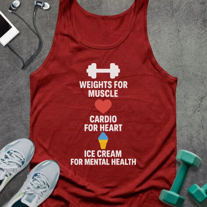 Red tank top printed with "Weights for Muscle Cardio for Heart Ice Cream for Mental Health" in white and red, with dumbbell, heart, and ice cream cone icons