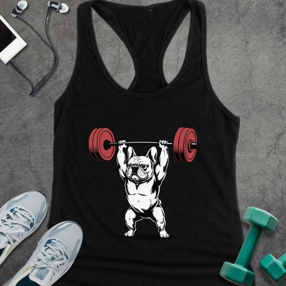 Black tank top with French Bulldog lifting barbell in red and black