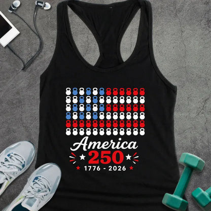 Black tank top with kettlebell and American flag pattern in red, white, and blue