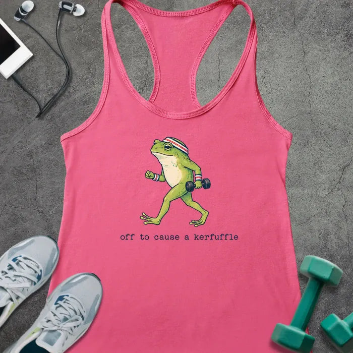 Solid Hot Pink tank top with green cartoon frog with headband holding a dumbbell
