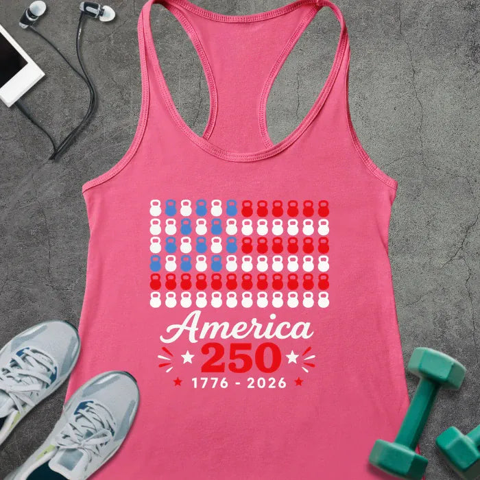 Hot pink tank top with kettlebell and American flag pattern in red, white, and blue