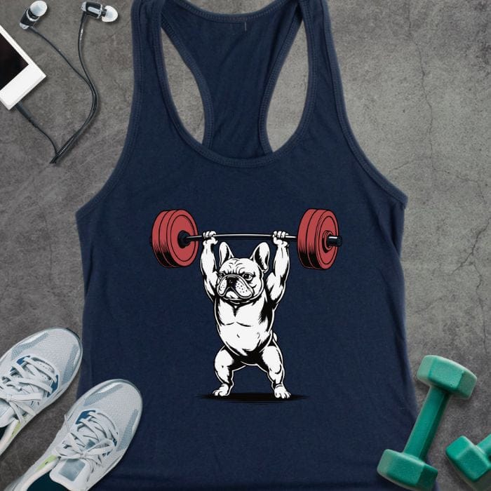 Midnight navy tank top with French Bulldog lifting barbell in red and black