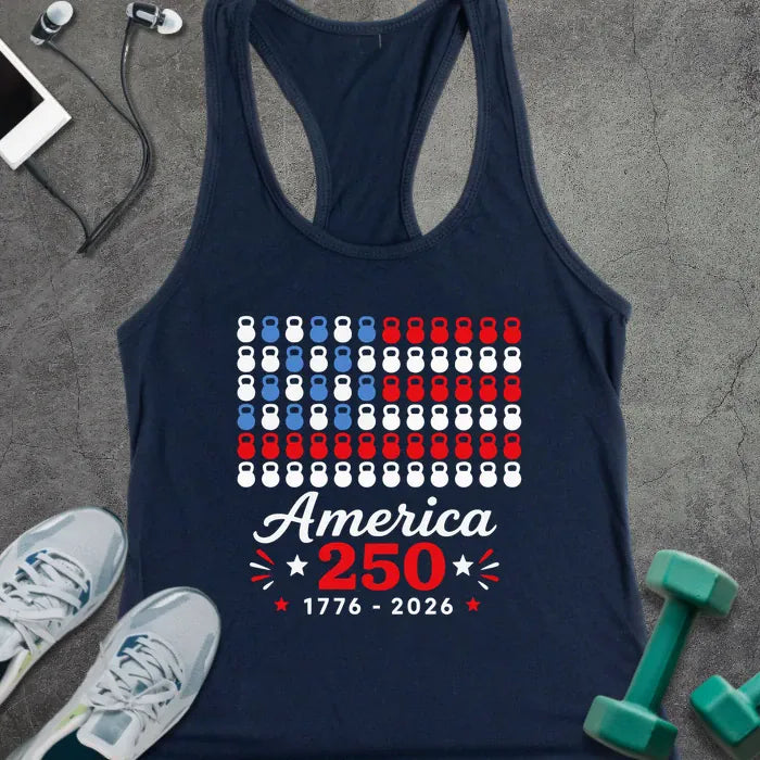 Midnight navy tank top with kettlebell and American flag pattern in red, white, and blue