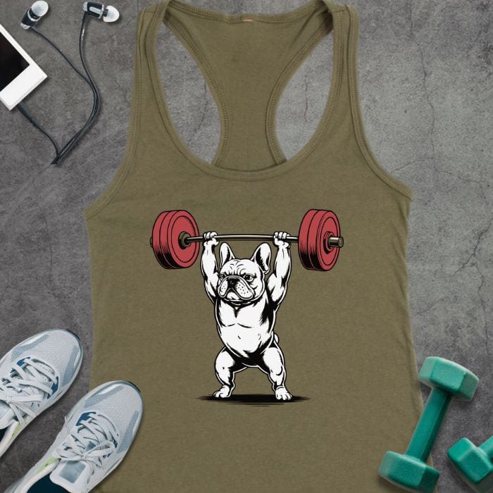 Military green tank top with French Bulldog lifting barbell in red and black