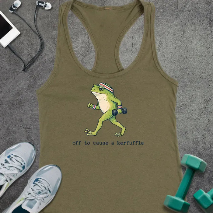 Solid Military Green tank top with green cartoon frog with headband holding a dumbbell