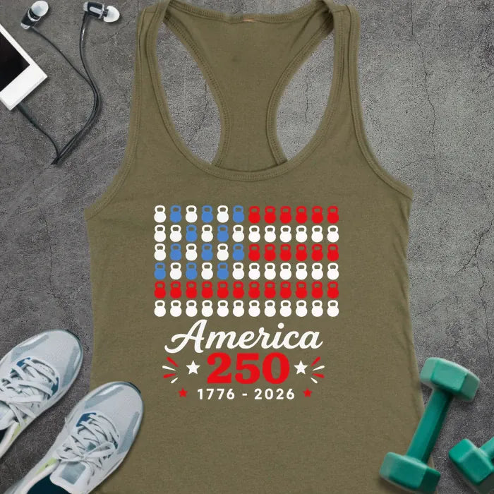 Military green tank top with kettlebell and American flag pattern in red, white, and blue