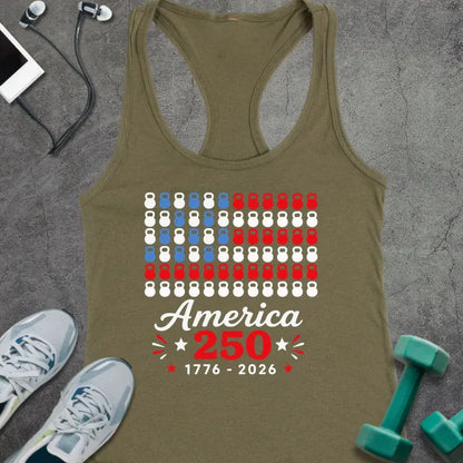 Military green tank top with kettlebell and American flag pattern in red, white, and blue