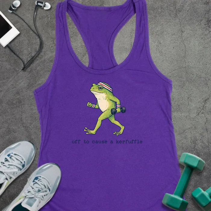 Solid Purple Rush tank top with green cartoon frog with headband holding a dumbbell