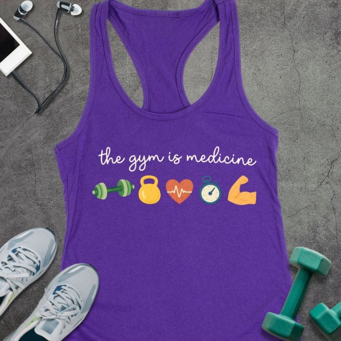 Purple rush tank top printed with "the gym is medicine" in white and multicolor, with colorful gym icons including dumbbells, kettlebell, heartbeat, and flexed arm
