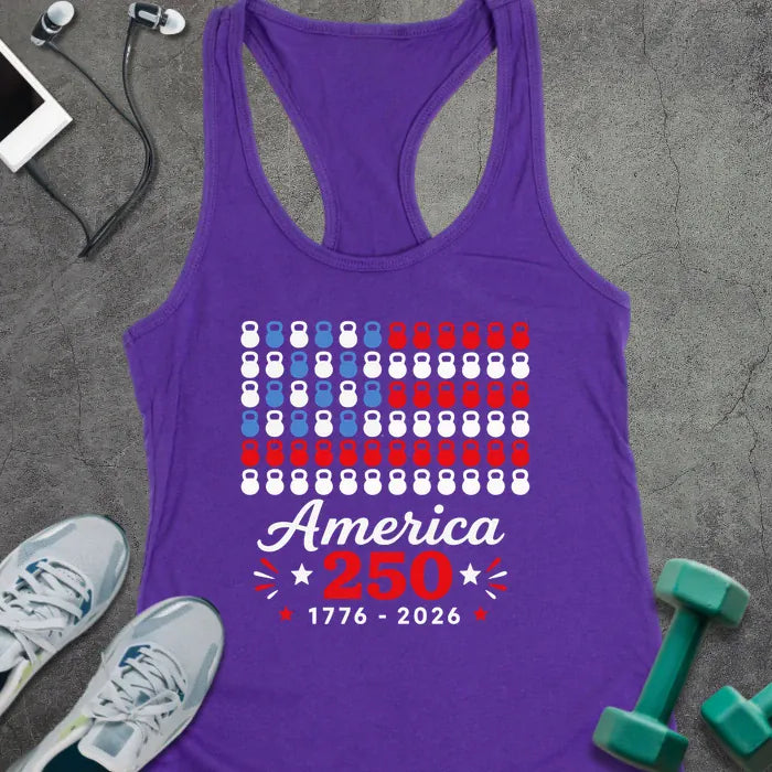 Purple rush tank top with kettlebell and American flag pattern in red, white, and blue