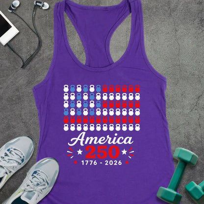 Purple rush tank top with kettlebell and American flag pattern in red, white, and blue