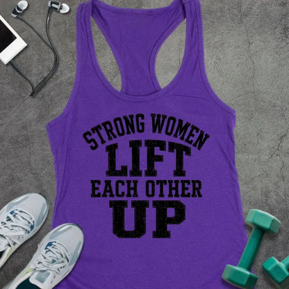 Purple Rush tank top printed with "STRONG WOMEN LIFT EACH OTHER UP" in black block lettering