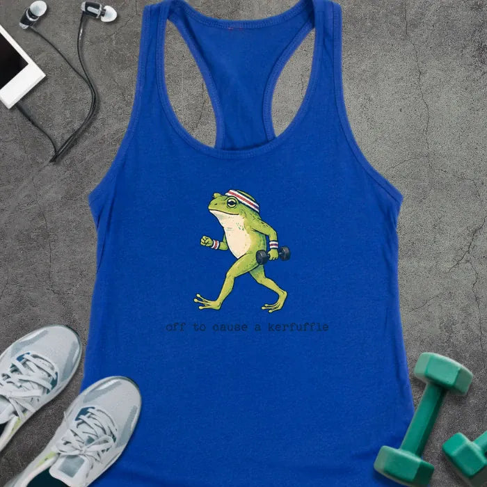 Solid Royal tank top with green cartoon frog with headband holding a dumbbell