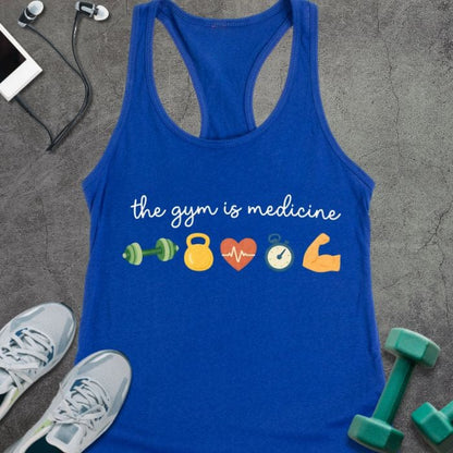 Royal tank top printed with "the gym is medicine" in white and multicolor, with colorful gym icons including dumbbells, kettlebell, heartbeat, and flexed arm