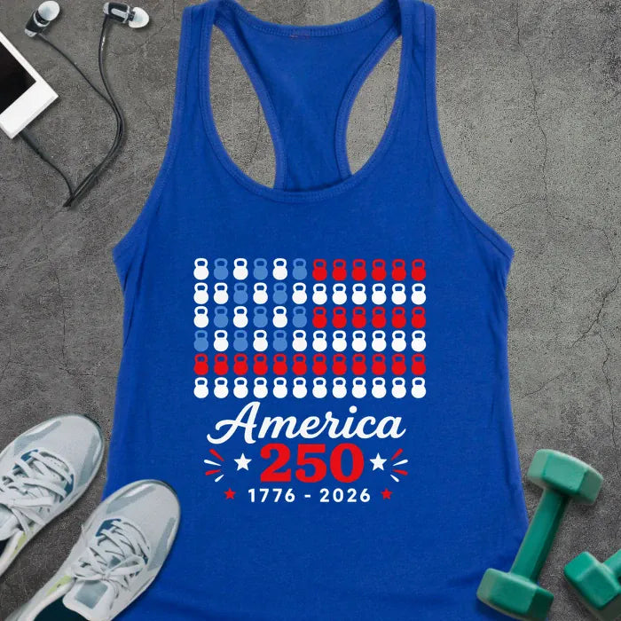 Royal tank top with kettlebell and American flag pattern in red, white, and blue