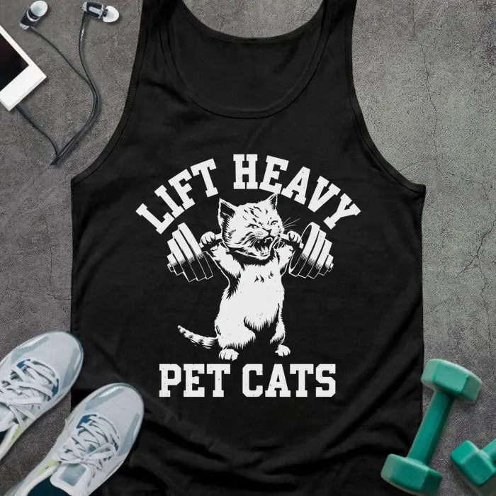Tank top printed with "Lift Heavy Pet Cats" in white, with cat lifting dumbbells
