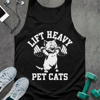 Tank top printed with "Lift Heavy Pet Cats" in white, with cat lifting dumbbells