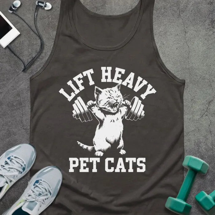 Tank top printed with "Lift Heavy Pet Cats" in white, with cat lifting dumbbells