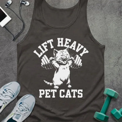 Tank top printed with "Lift Heavy Pet Cats" in white, with cat lifting dumbbells
