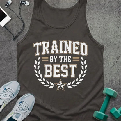 Tank top printed with "Trained By the Best" in white and tan, with laurel wreath and star
