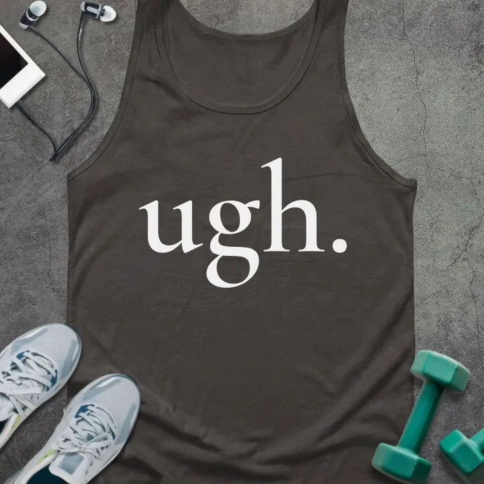 Tank top printed with "ugh." in white