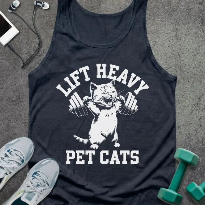 Tank top printed with "Lift Heavy Pet Cats" in white, with cat lifting dumbbells