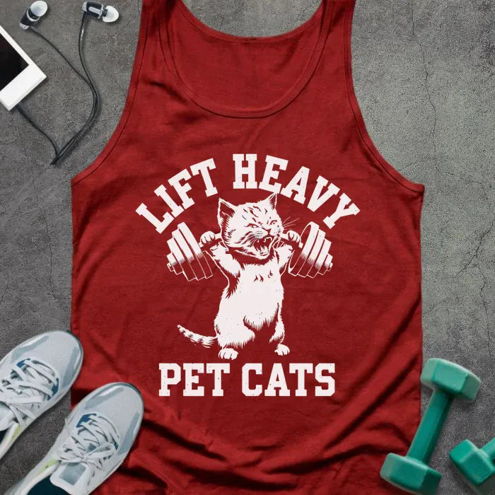 Tank top printed with "Lift Heavy Pet Cats" in white, with cat lifting dumbbells