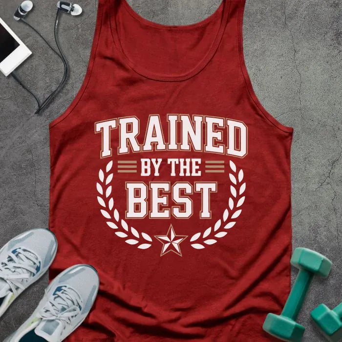 Tank top printed with "Trained By the Best" in white and tan, with laurel wreath and star
