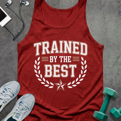 Tank top printed with "Trained By the Best" in white and tan, with laurel wreath and star