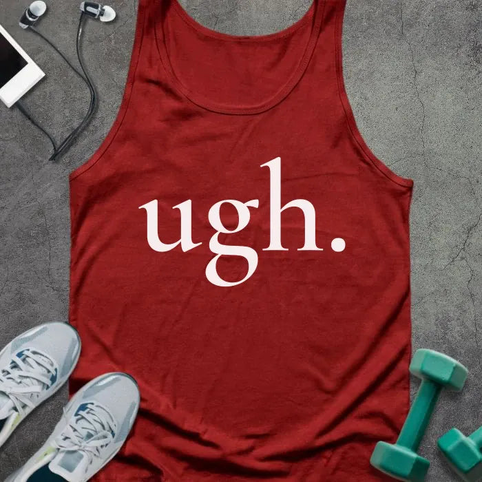 Tank top printed with "ugh." in white