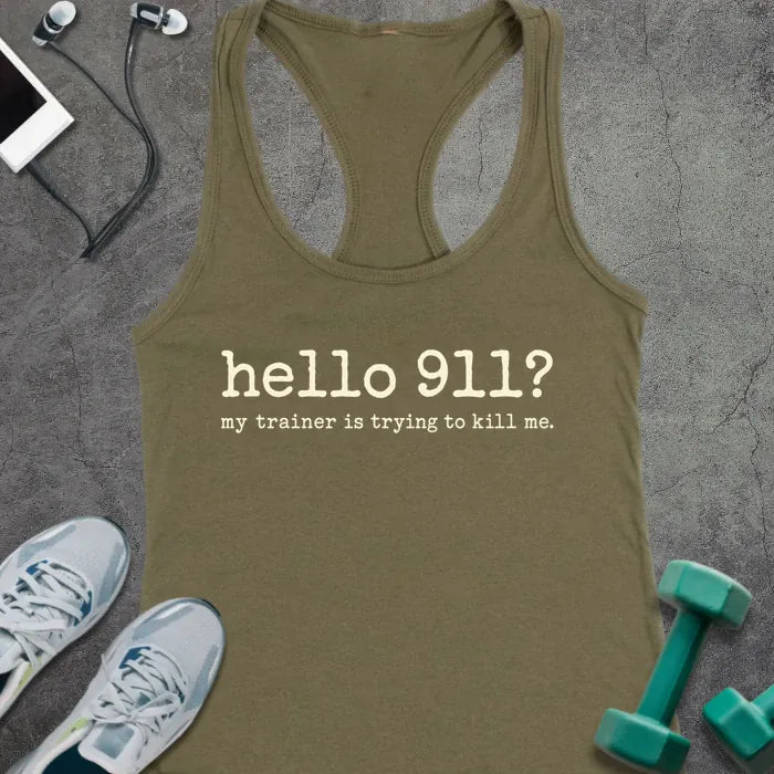 Tank Top XS / Solid Military Green Hello 911 Racer Tank